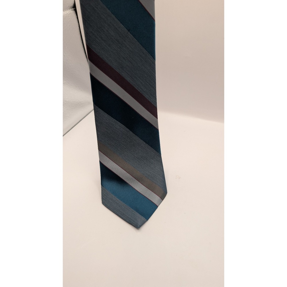 Vtg Wembley Leatherback Satins Necktie Teal Blue Grey Diagonal Striped Satin - Picture 2 of 3